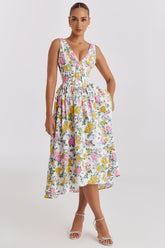 Elegant V Neck Cinched Waist Slim Fit Sleeveless Holiday Trend Floral Midi Dress